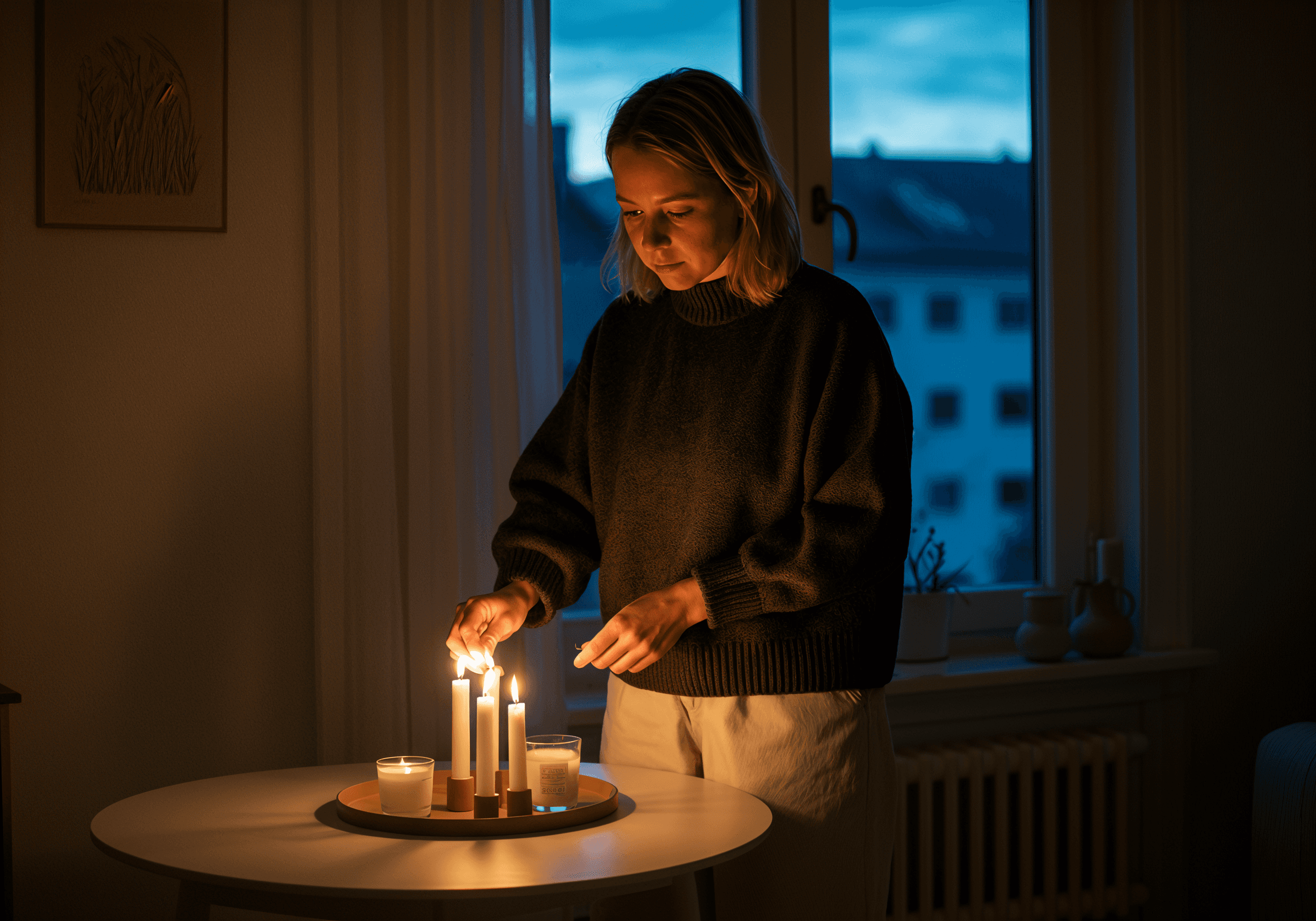 Woman lighting candles on a table next to a window during dusk. Soft glow of candlelight fills the room.