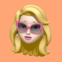 A woman cartoon avatar with pink cat-eye style glasses, frowning, with light skin and blonde hair, set in an orange background