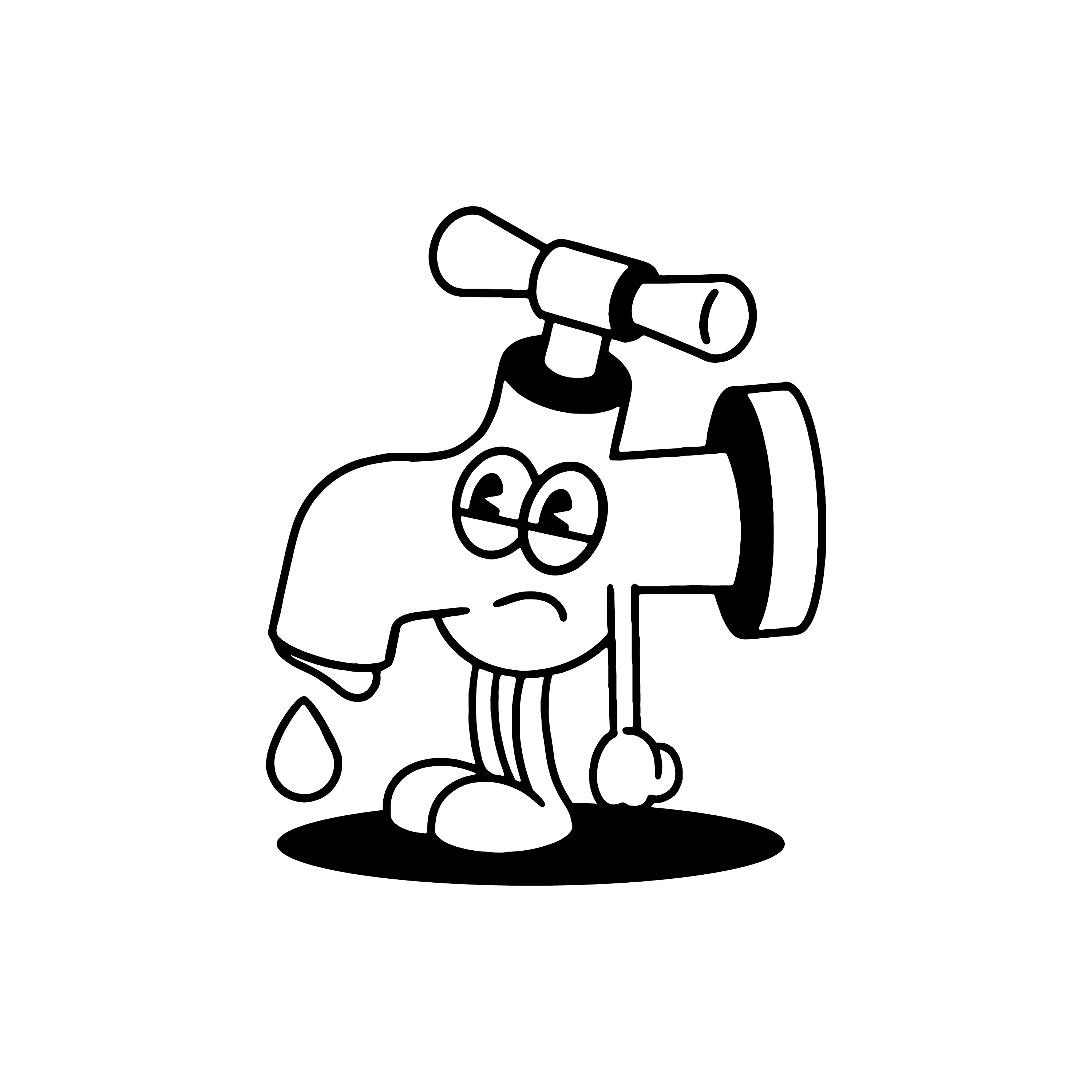 A cute line illustration of a tap with arms, legs and a face, with a water drop