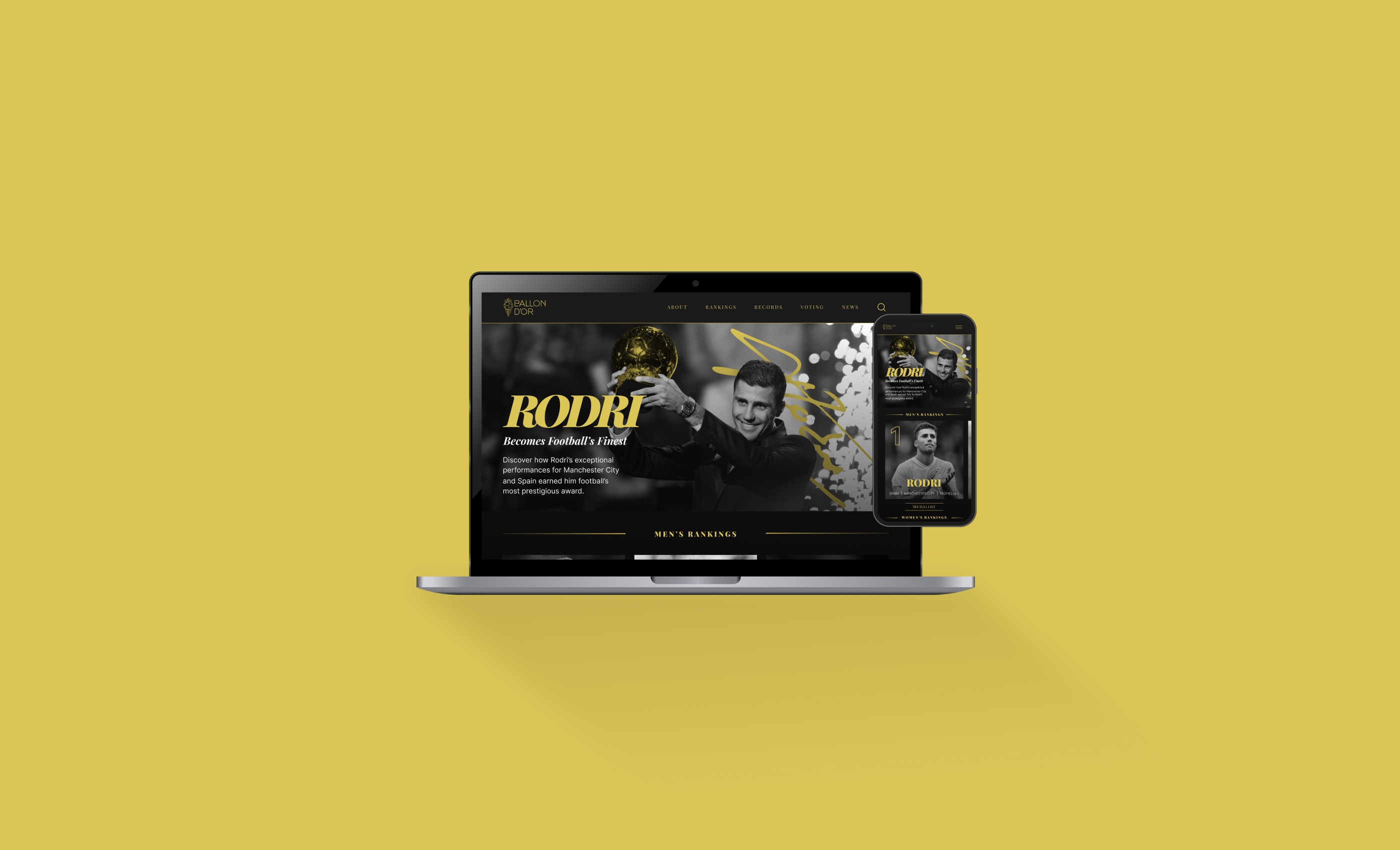 Laptop and phone mockup on a gold background displaying a webpage of the Ballon d'Or ceremony