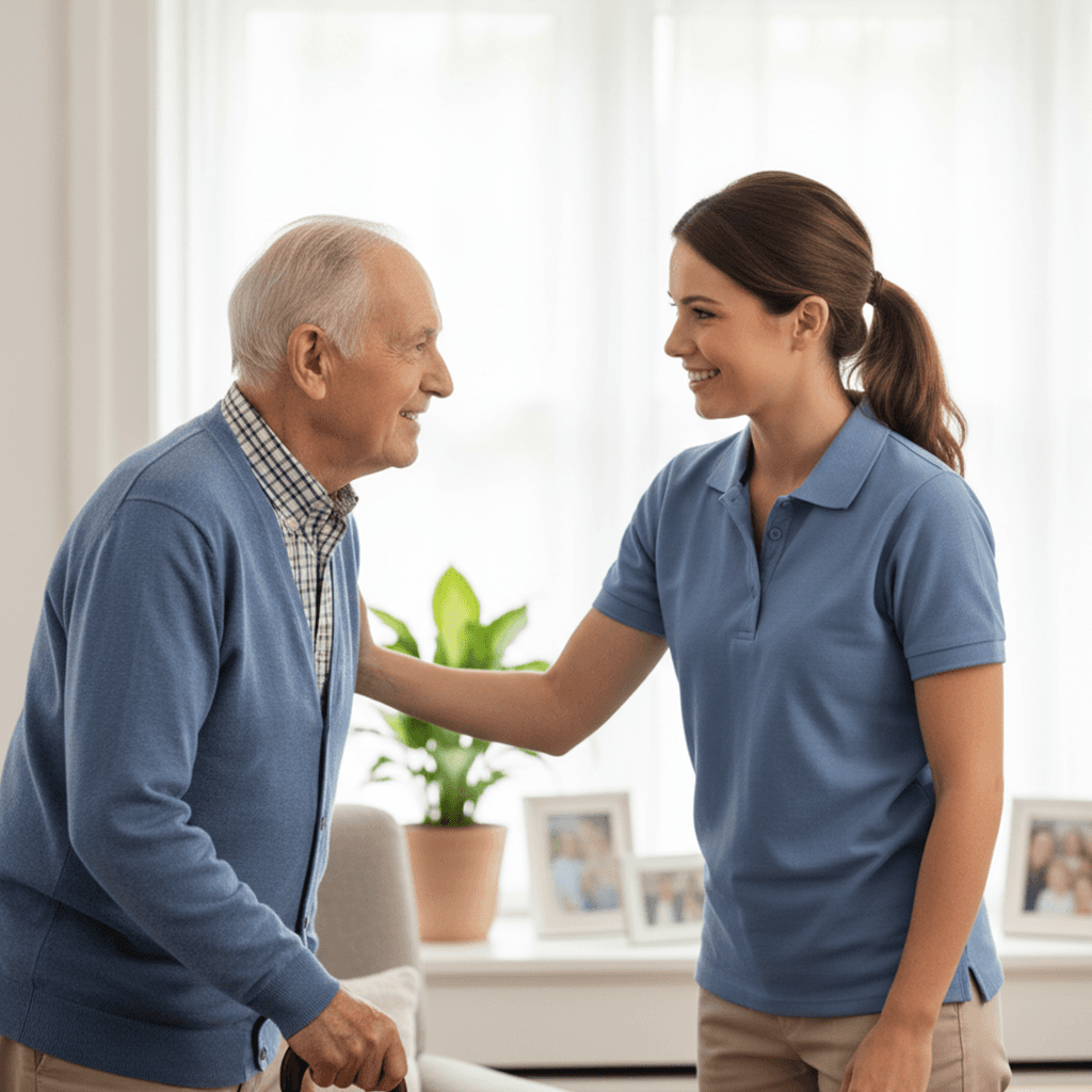 A female carer assisting an elderly man with mobility support during a home care session.