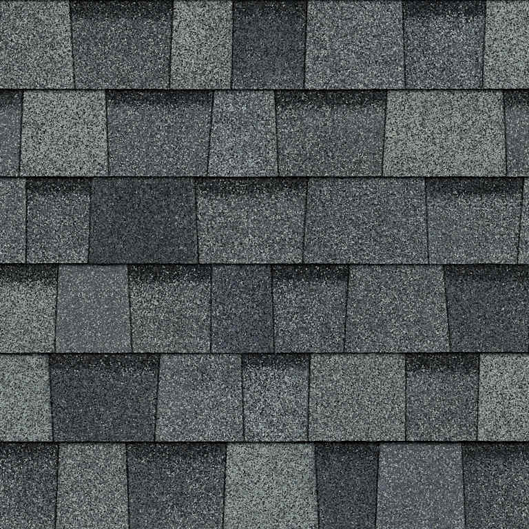 Owens Corning Estate Gray shingle color sample; appearance alone does not establish the impact rating.