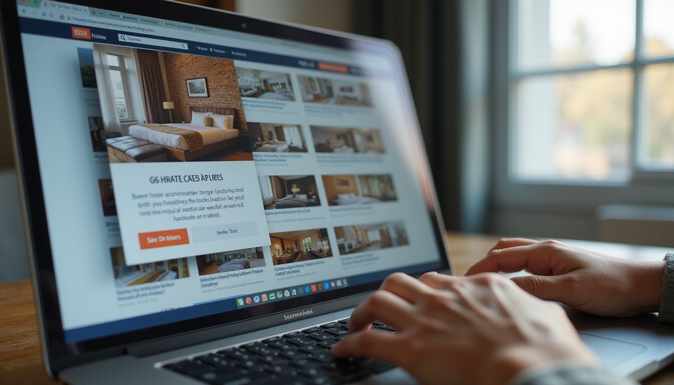 A user navigates a cluttered hotel booking webpage with numerous options.
