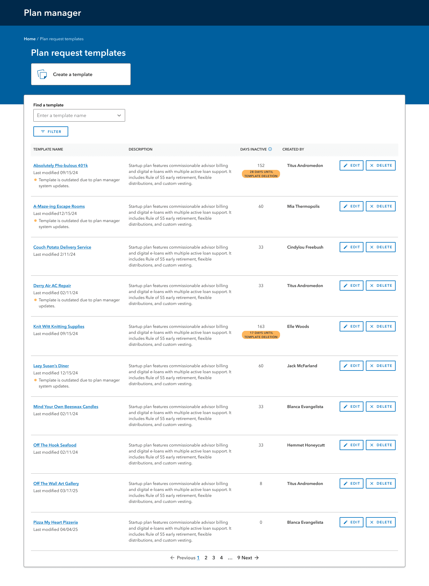 Dashboard with template lists