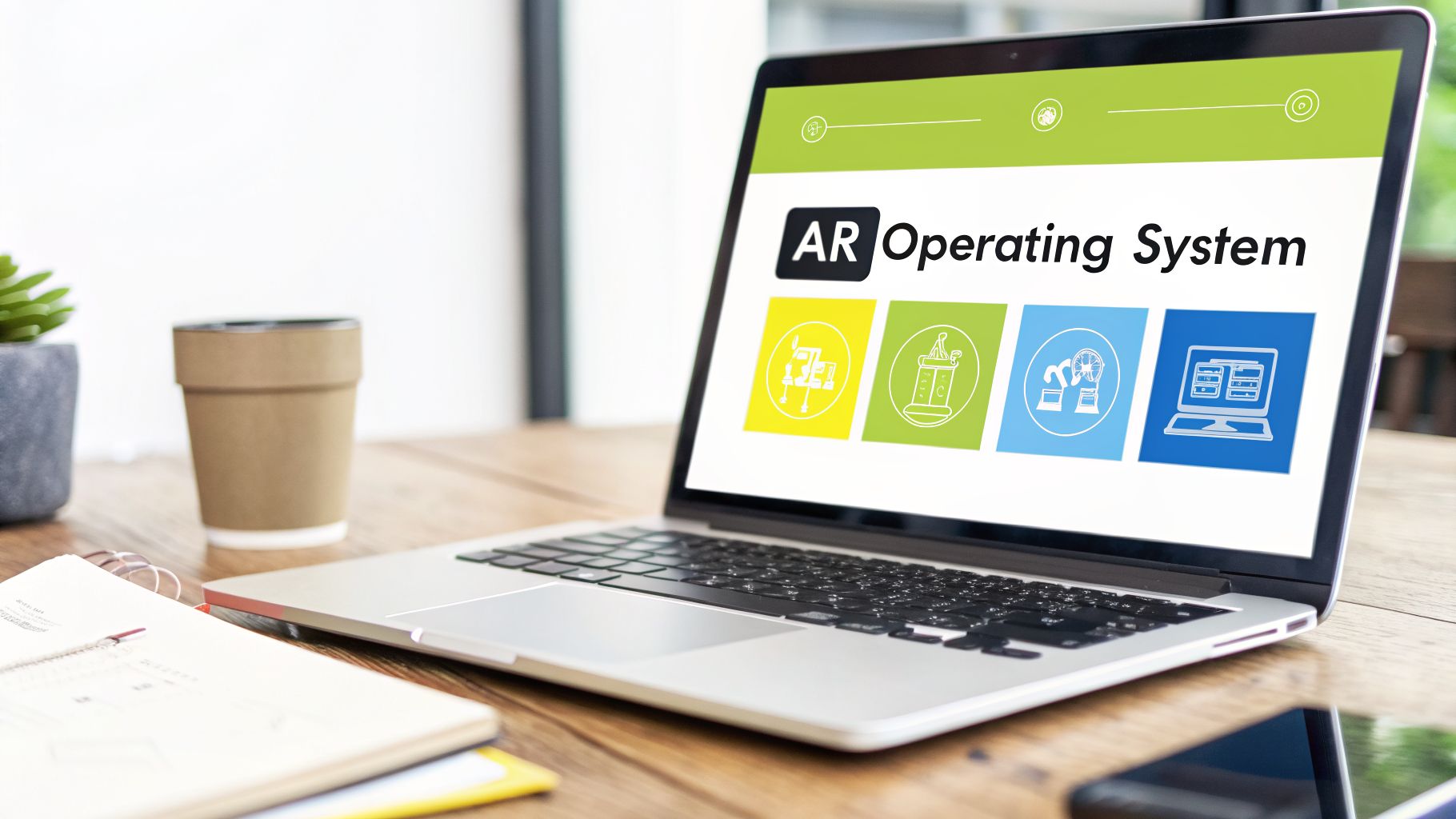 Laptop displaying AR Operating System with various icons, placed on a wooden desk.