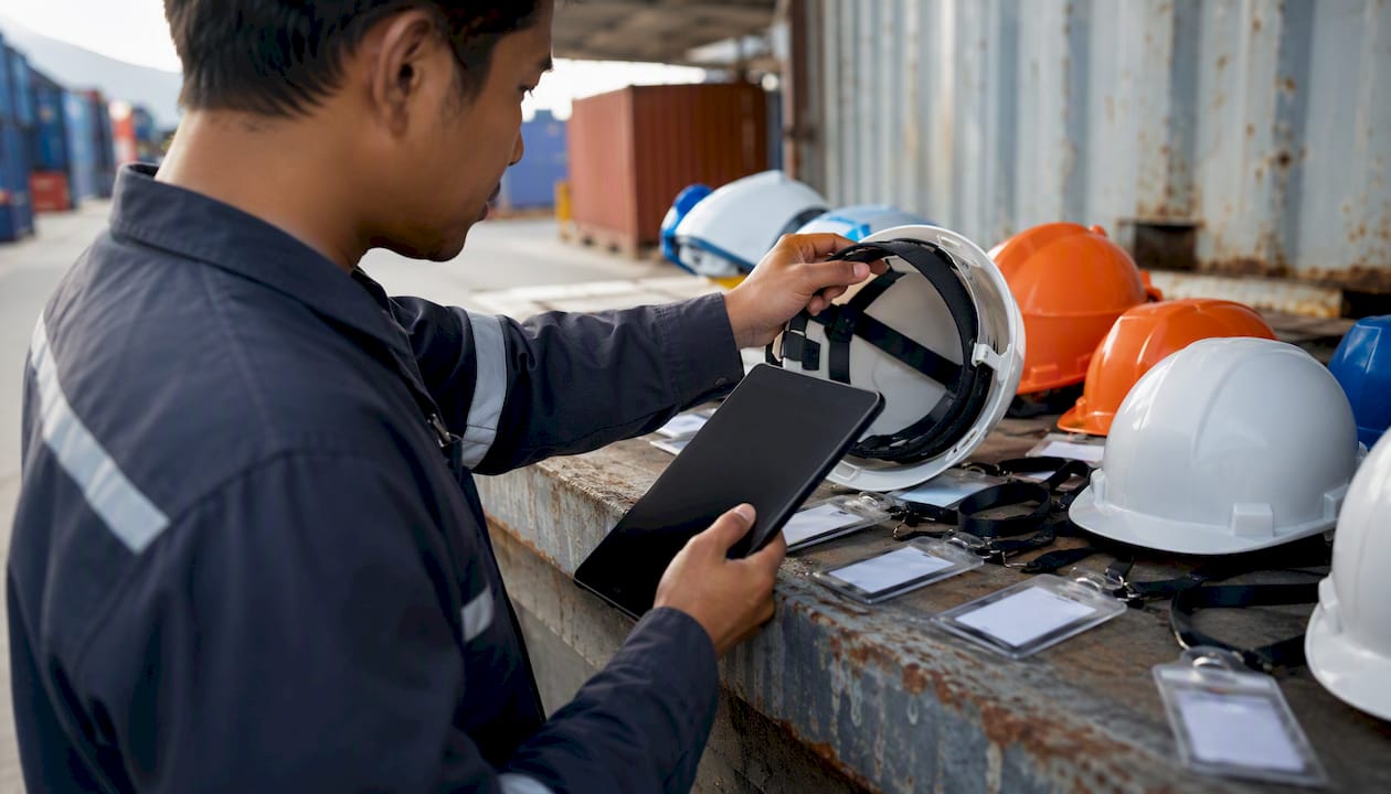 Technician inspecting safety helmets in industrial setting