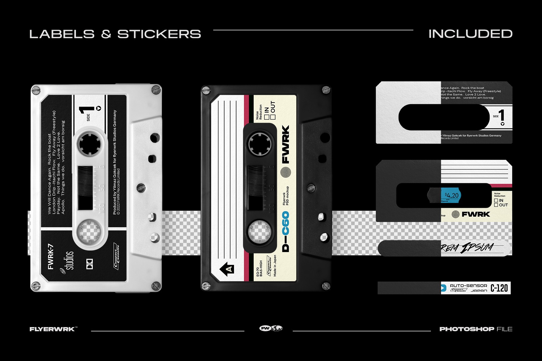 Selection of eighteen editable labels and stickers for vintage and modern cassette tape projects.