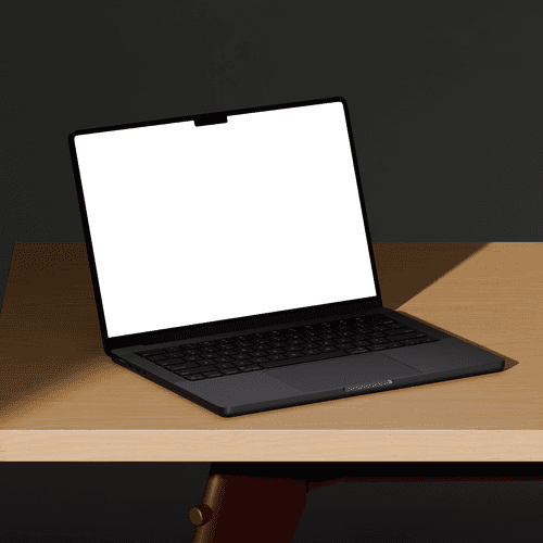 MacBook Pro 14-inch on wooden desk mockup