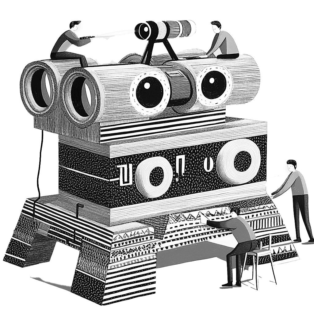 Illustration of a wooden robot with people interacting, holding tools, and peering through lenses.