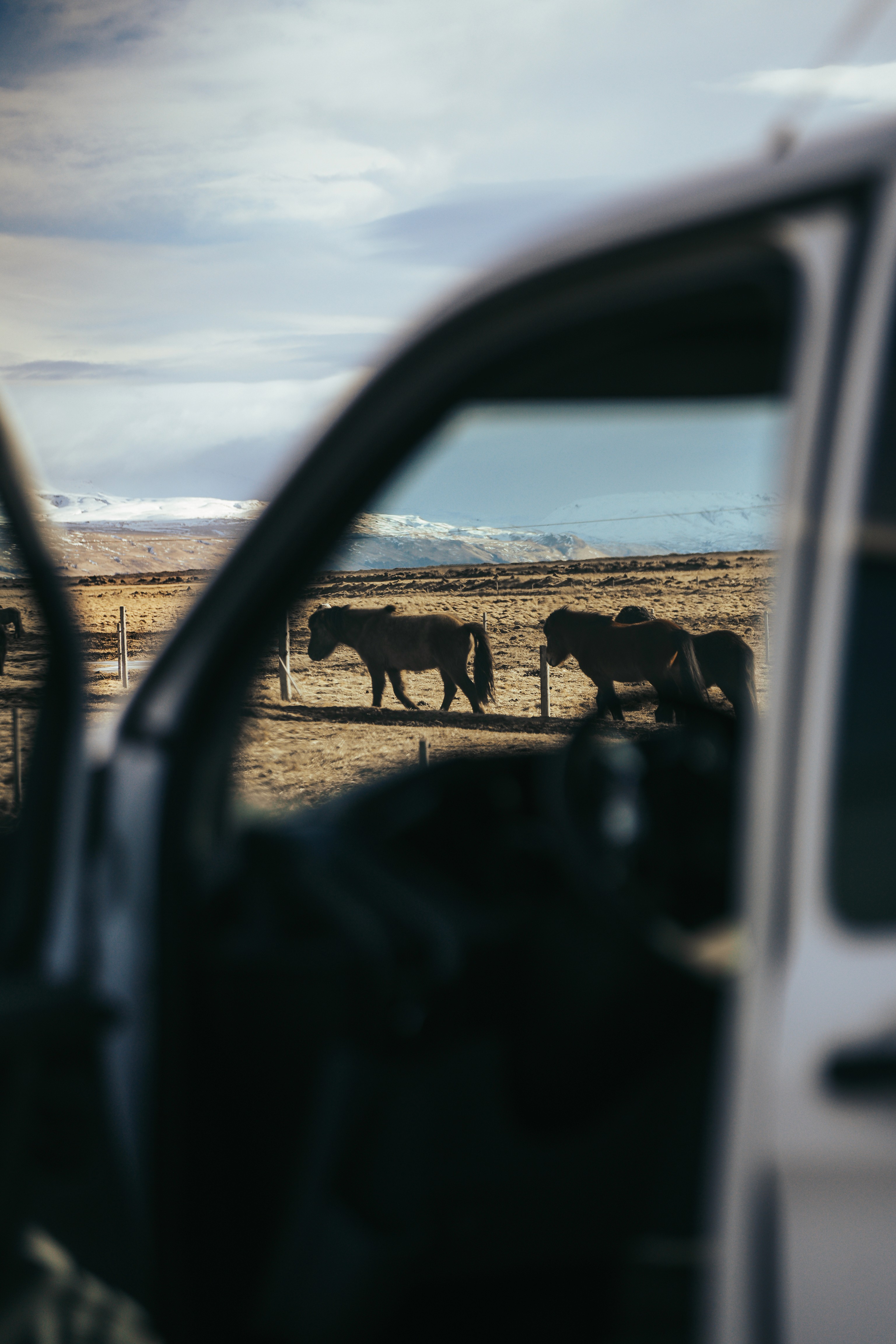 carefuly opening car doors in strong wind in Iceland.
