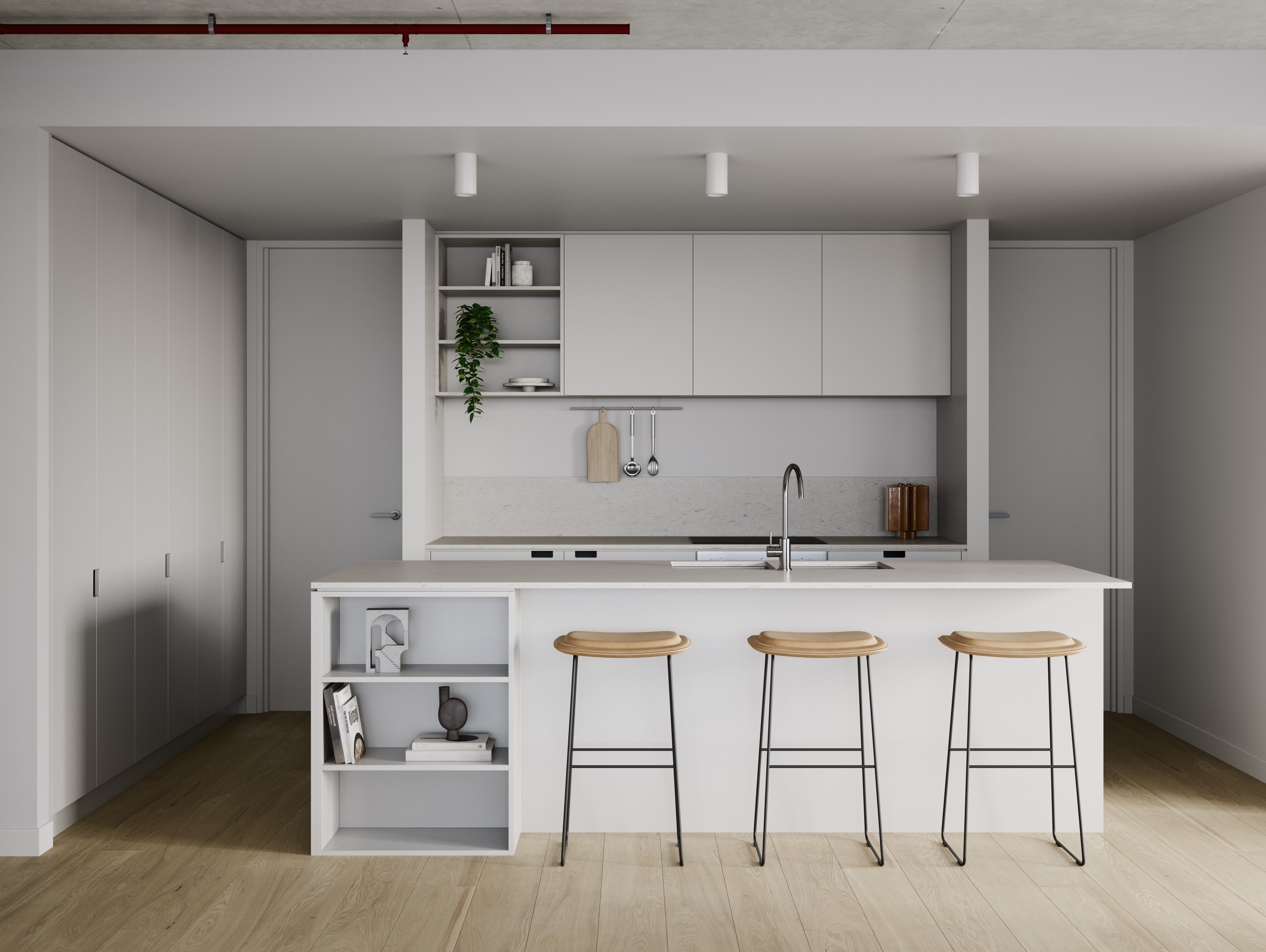 Full kitchen view at The Charlotte Woden featuring stone benchtops, open shelving and modern appliances, showcasing off the plan Canberra quality via Coposit.