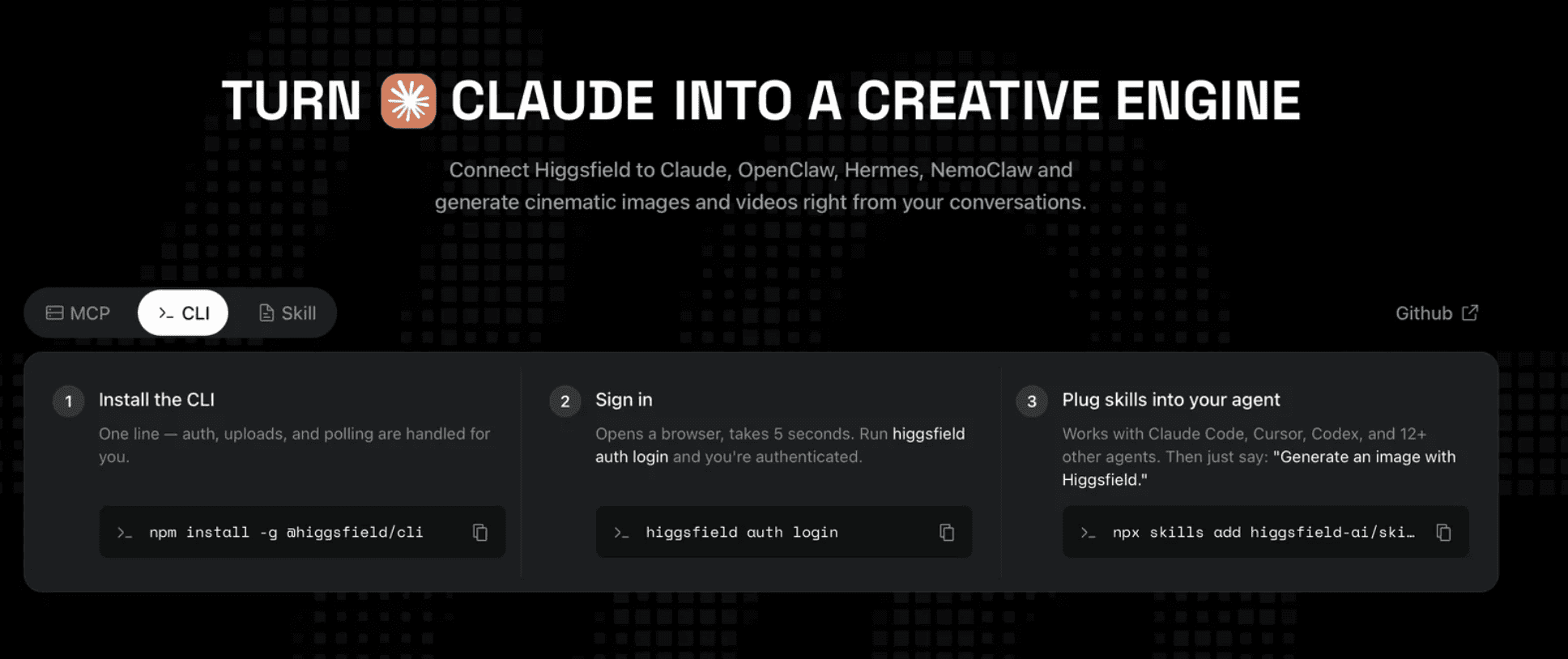 Terminal showing Higgsfield CLI installation, authentication, and Claude Code setup commands