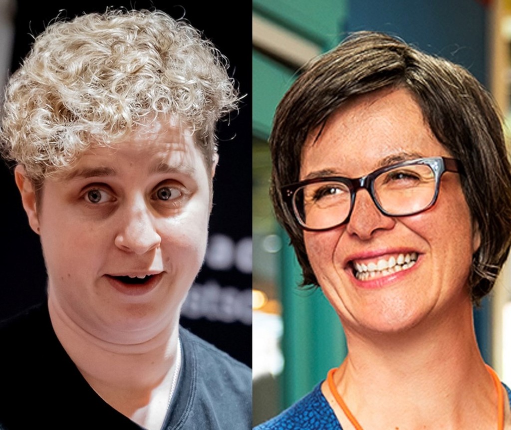 Side-by-side portrait images of two people shown from the shoulders up. The person on the left has short, tightly curled grey hair and is wearing a dark top against a dark background. The person on the right has short, straight brown hair and is wearing a blue top, with a teal and green indoor background behind them. The comparison-style layout suggests a before-and-after or contrast between the two images.