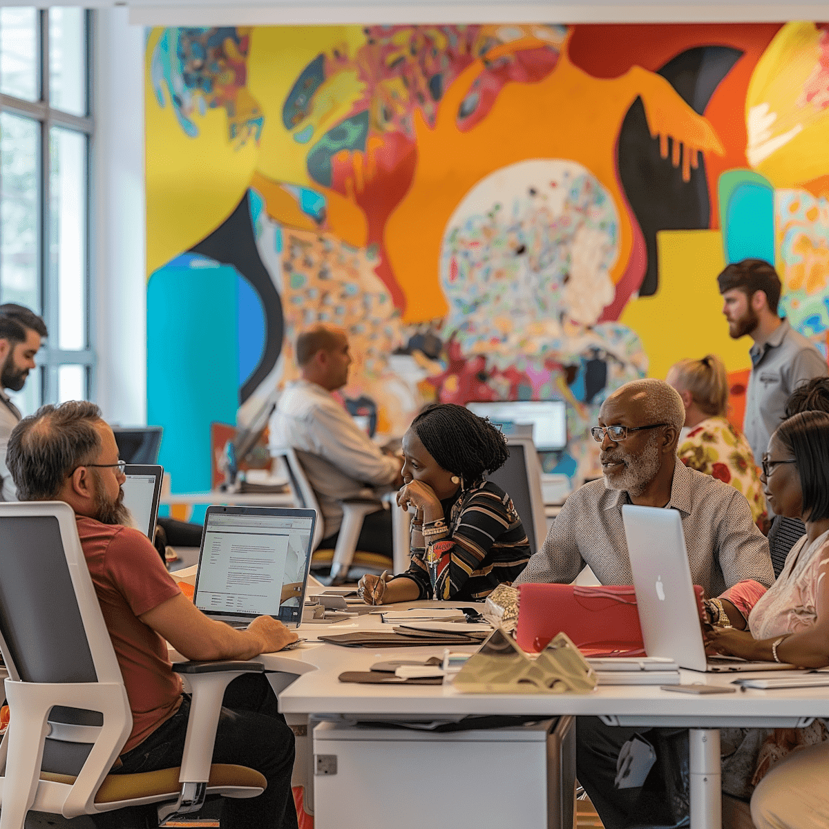 Diverse creative team collaborating in an open-plan office with a large, colorful abstract mural.