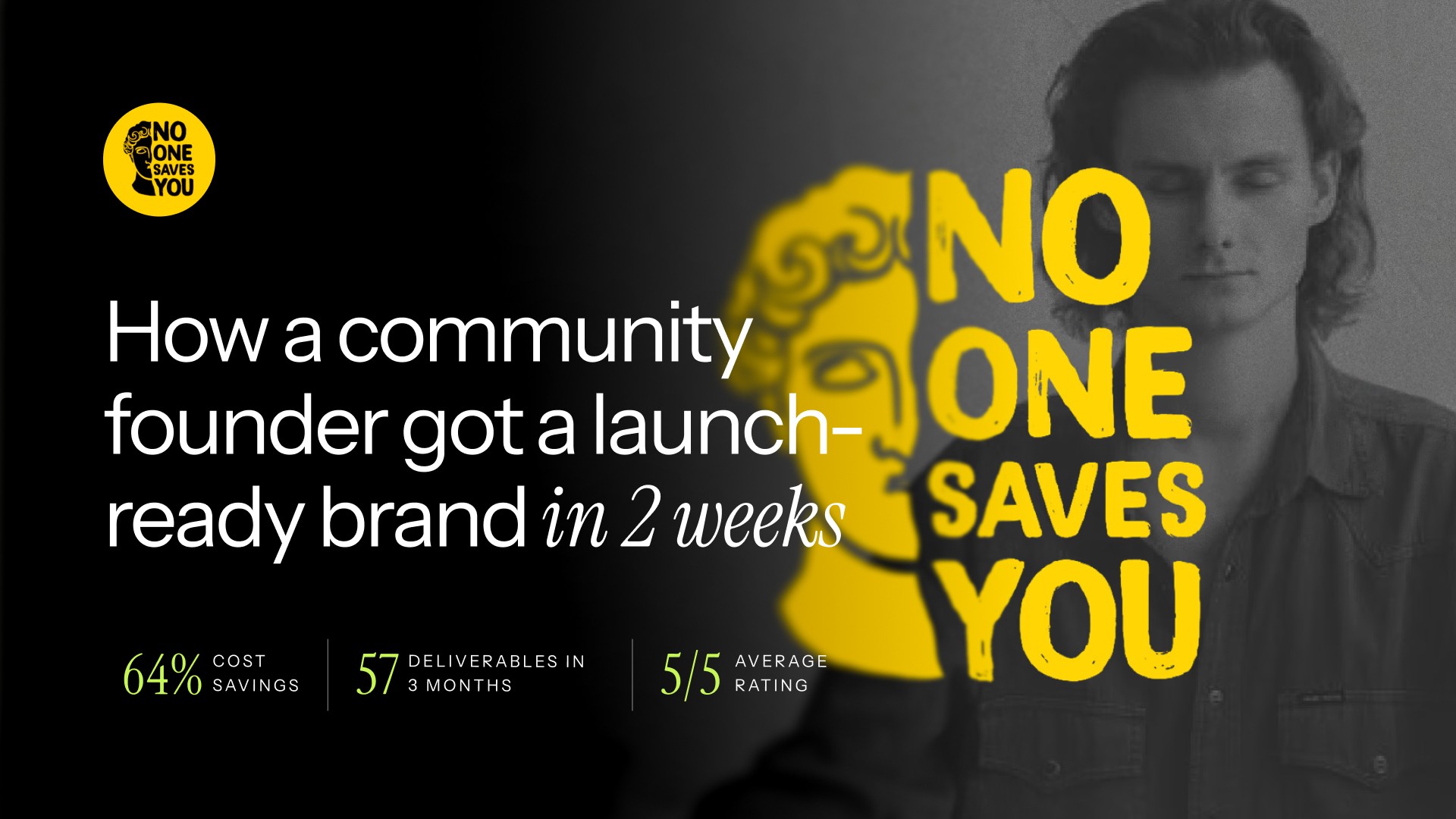 Yellow classical sculpture profile logo with 'NO ONE SAVES YOU' typography against grayscale portrait background, demonstrating modern brand identity design with vintage elements.