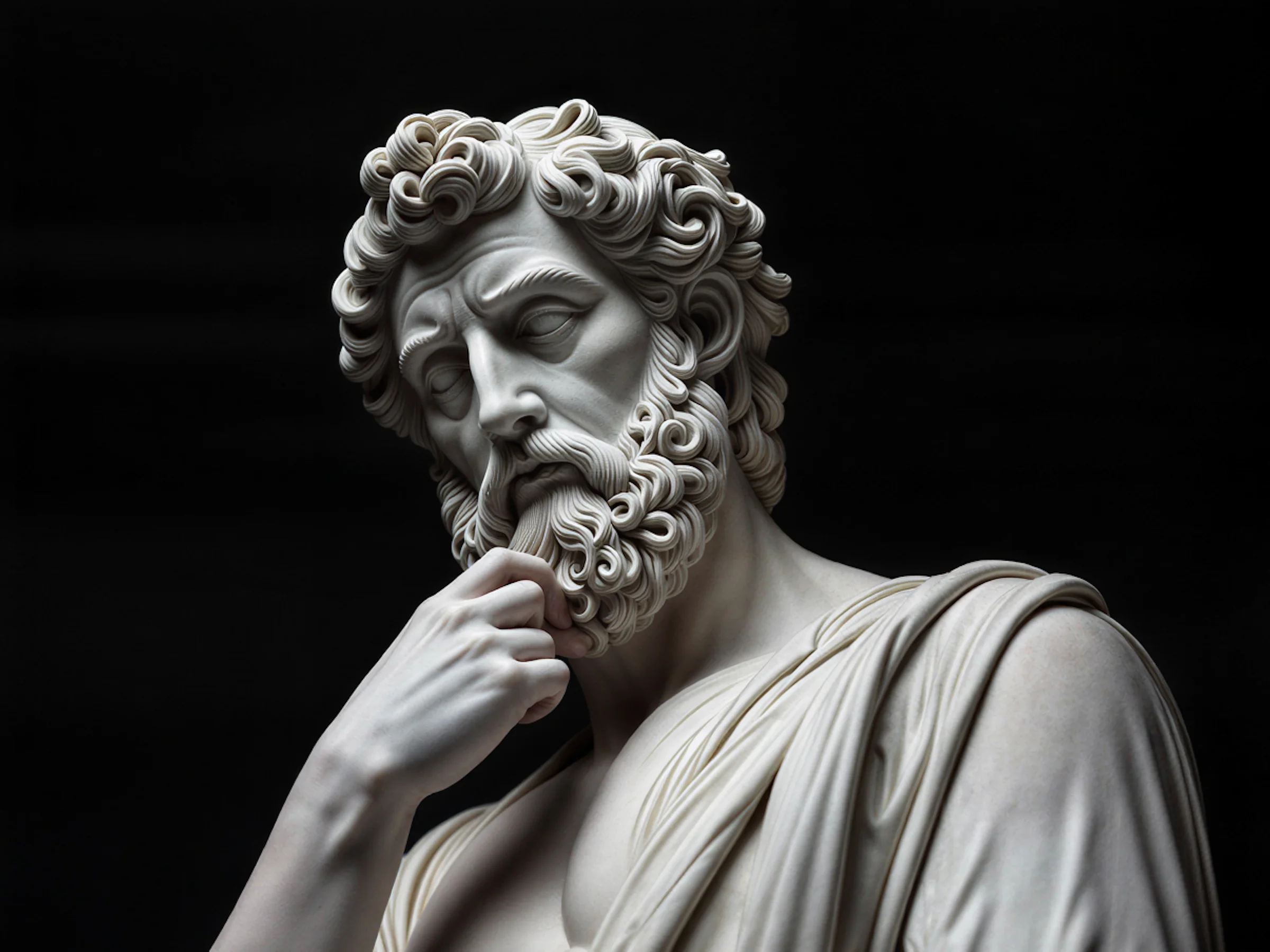 Ancient Greek philosopher statue representing early thinkers who questioned the nature of the universe and cosmos.