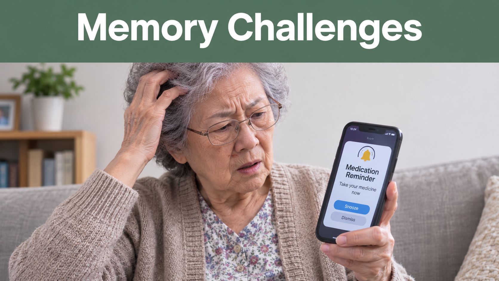 An elderly woman with a confused expression holds a smartphone displaying a medication reminder notification.
