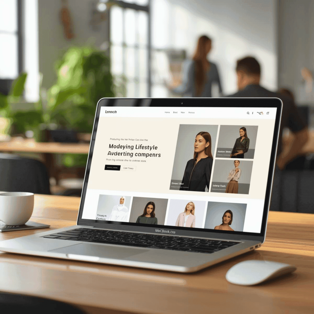 Mockup en laptop mostrando el diseño de interfaz UI para una página web de e-commerce de moda y estilo de vida, con una grilla de fotografías de modelos.