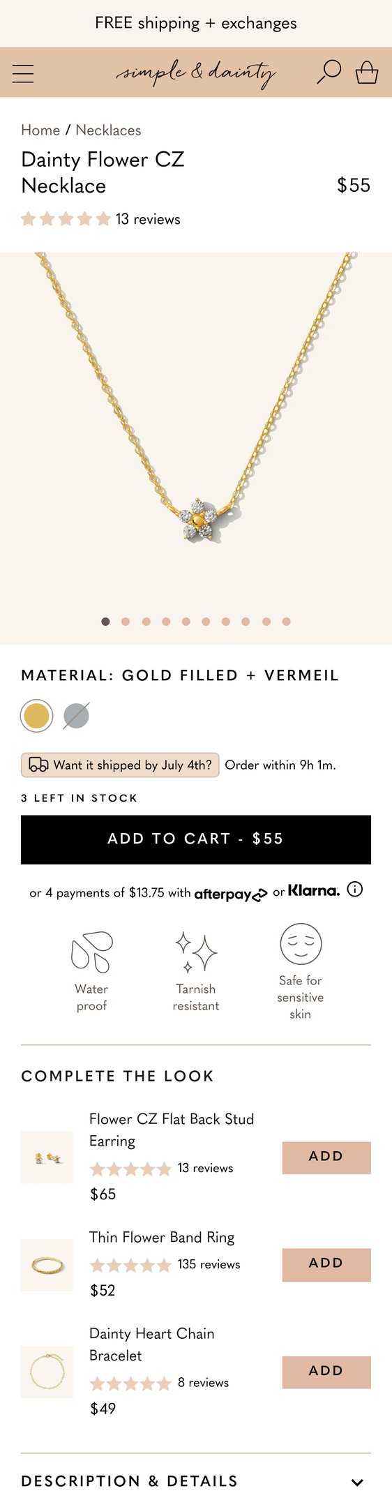 Jewelry product options include: necklace, pendant for Dainty Flower CZ Necklace from Simple and Dainty.