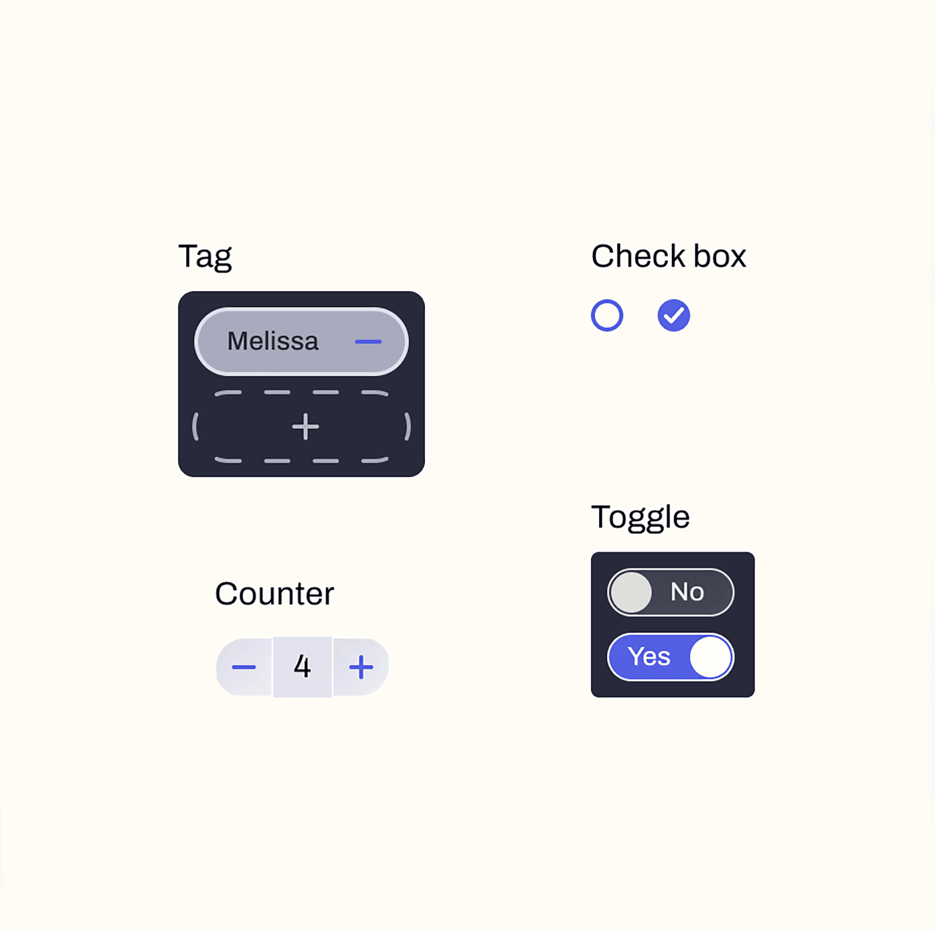 Collection of selection tools: tags, counter, check box, and toggle.