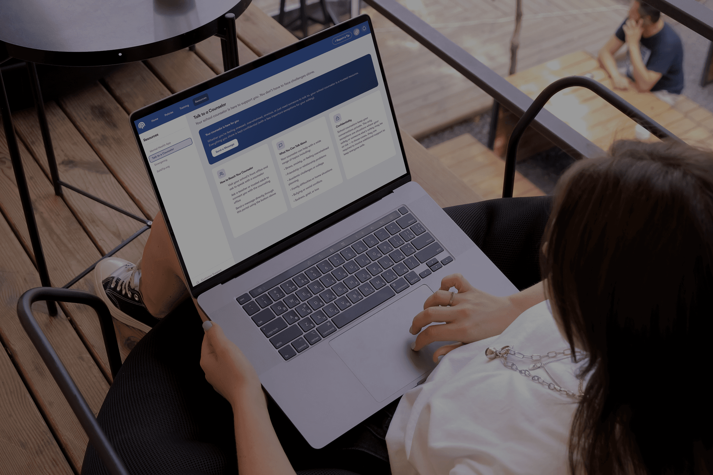 Image of a mockup of Impact Suite software dashboard. It shows the user the number of concerns and cases, it shows a concerns timeline, it lists the top students who need personal care, and it gives details into who has/has not compnleted safety trainings and policy acknowledgements.