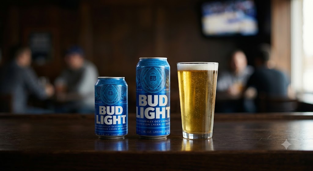 A Bud Light beer can, a taller can, and a full pint of beer on a dark wood bar counter. The image captures the authentic feel of a busy pub with out-of-focus patrons in the background. Ideal for articles about Bud Light, bar culture, or light beer.