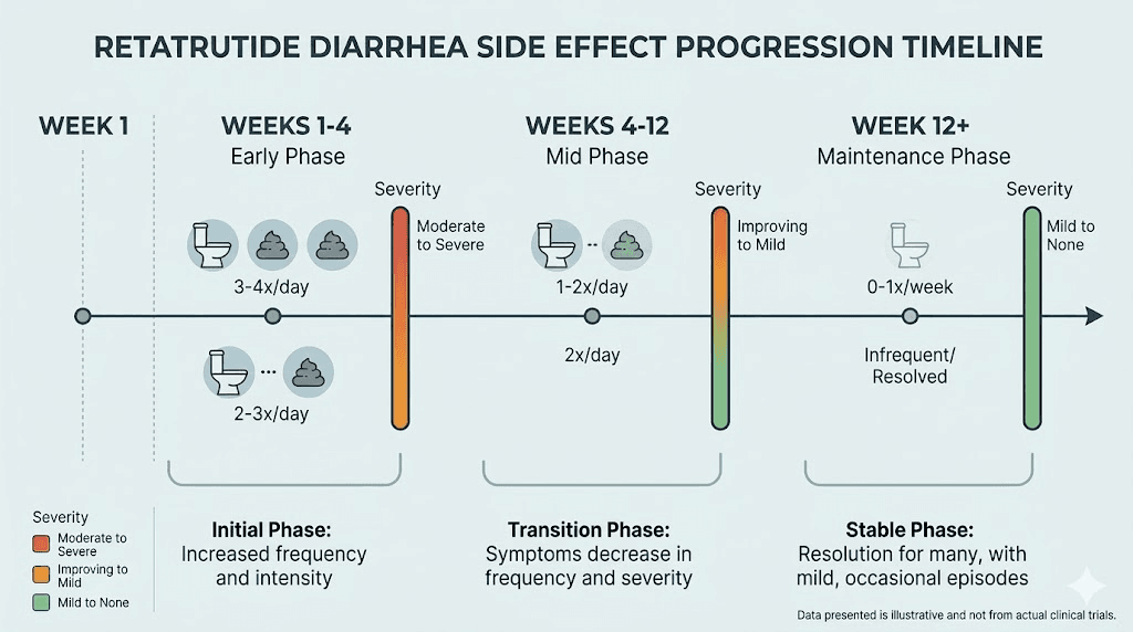 Retatrutide diarrhea timeline showing when symptoms peak and resolve