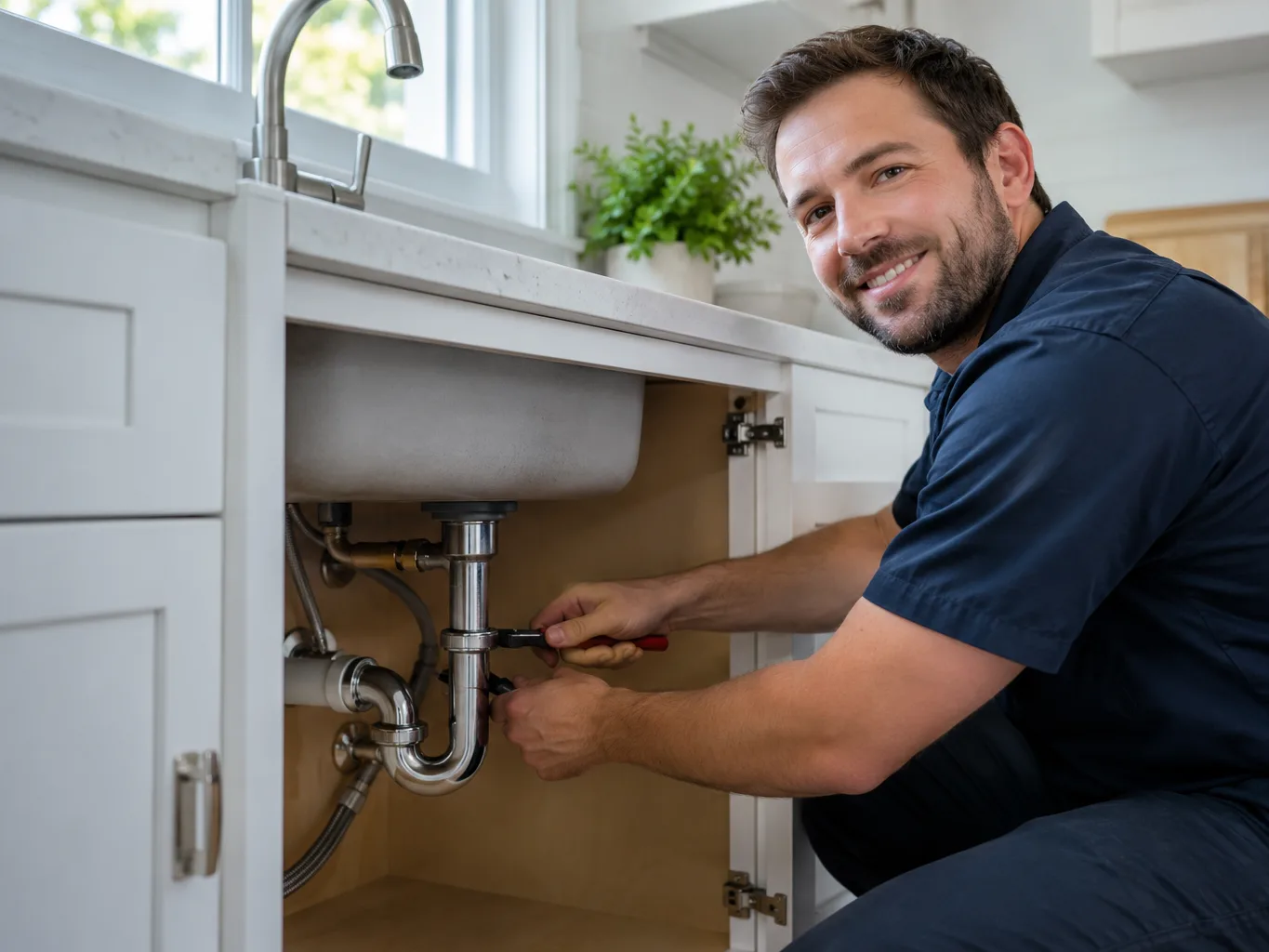 Fernhill plumber smiling while repairing a sink drain