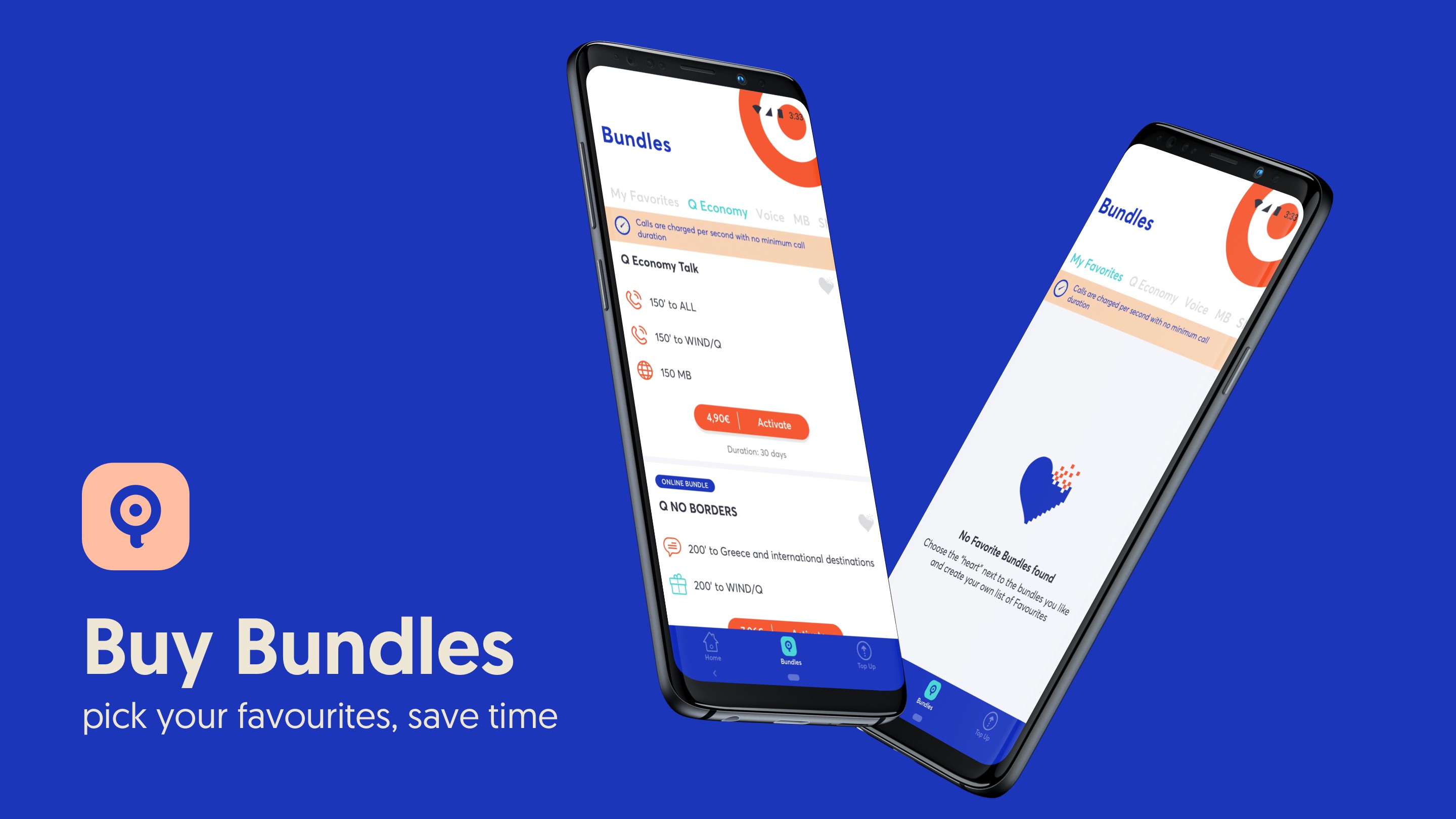 myQ mobile app showing bundles with service offerings and activation call to action