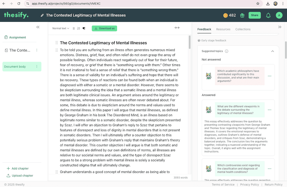 thesify interface showing an unanswered question prompt regarding which academic philosophers contributed to a discussion and their main arguments.