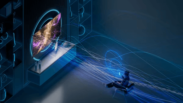 Wireless headphones with sound waves illustrating immersive spatial audio