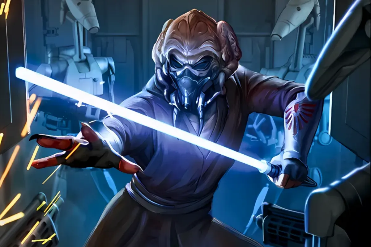 Jedi Master Plo Koon wielding a blue lightsaber in battle, wearing his signature protective mask and goggles. He extends a clawed Kel Dor hand as he deflects blaster fire from surrounding battle droids, with sparks flying in the background.