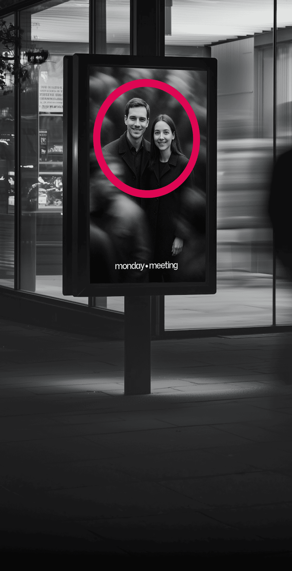 Mupi urbano con una pareja enmarcada por un círculo magenta, representación de cómo Mondaymeeting pone a las marcas en el foco.