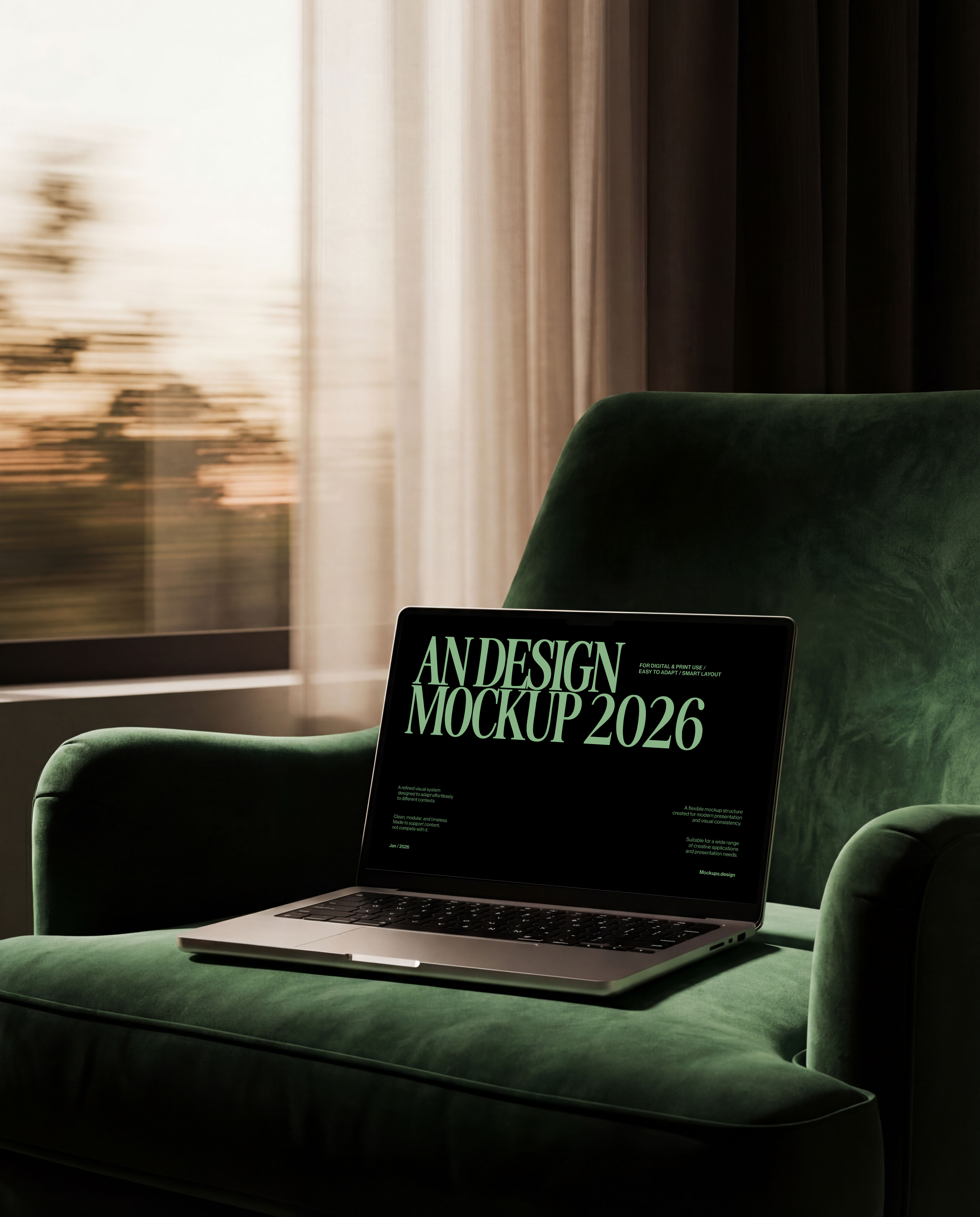 Laptop mockup on couch, clean lifestyle scene