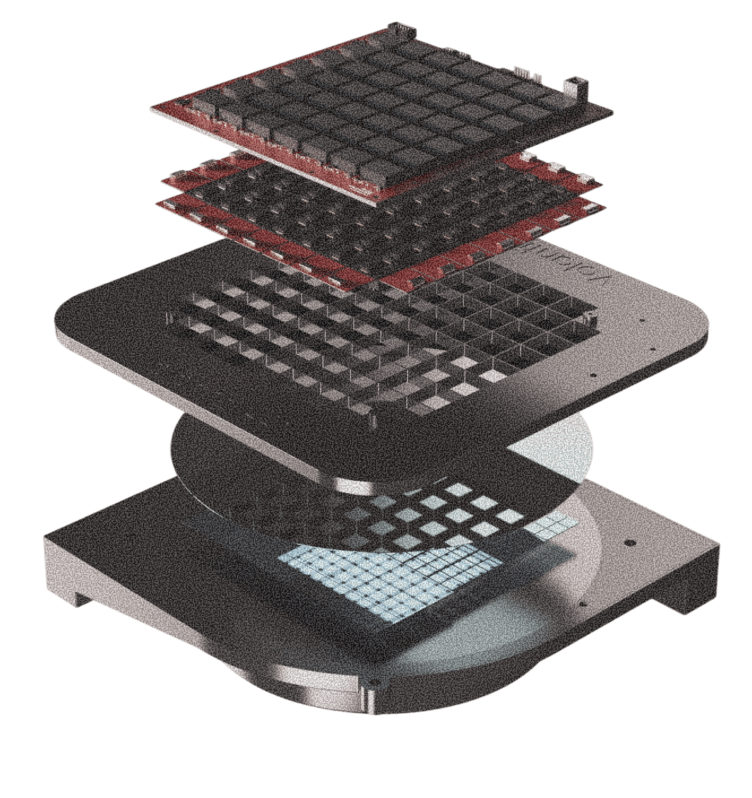 Exploded rendering of the Volantis A-1 photonic AI inference system