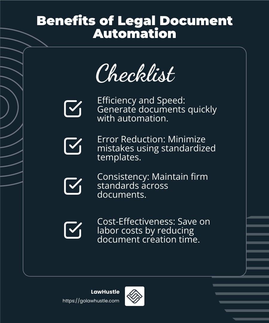 Legal Document Automation Benefits - legal document automation tool for law firms infographic checklist-dark-blue