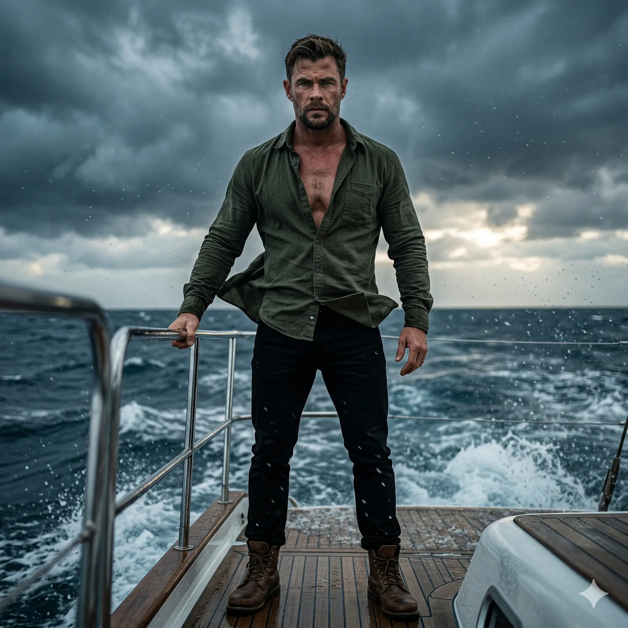 High-resolution image generation of a rugged man standing on a yacht deck in stormy weather, showcasing Mahendra's advanced AI marketing prompts using Nanobanana.