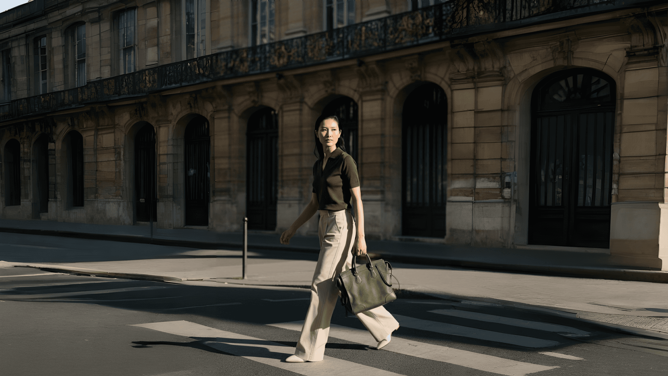 Asian woman walking down the street with a green handbag.