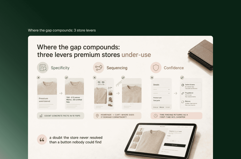 Drei Hebel, die Premium-Shops zu wenig nutzen, Genauigkeit, Abfolge und Vertrauen, auf Produktseiten für Pullover