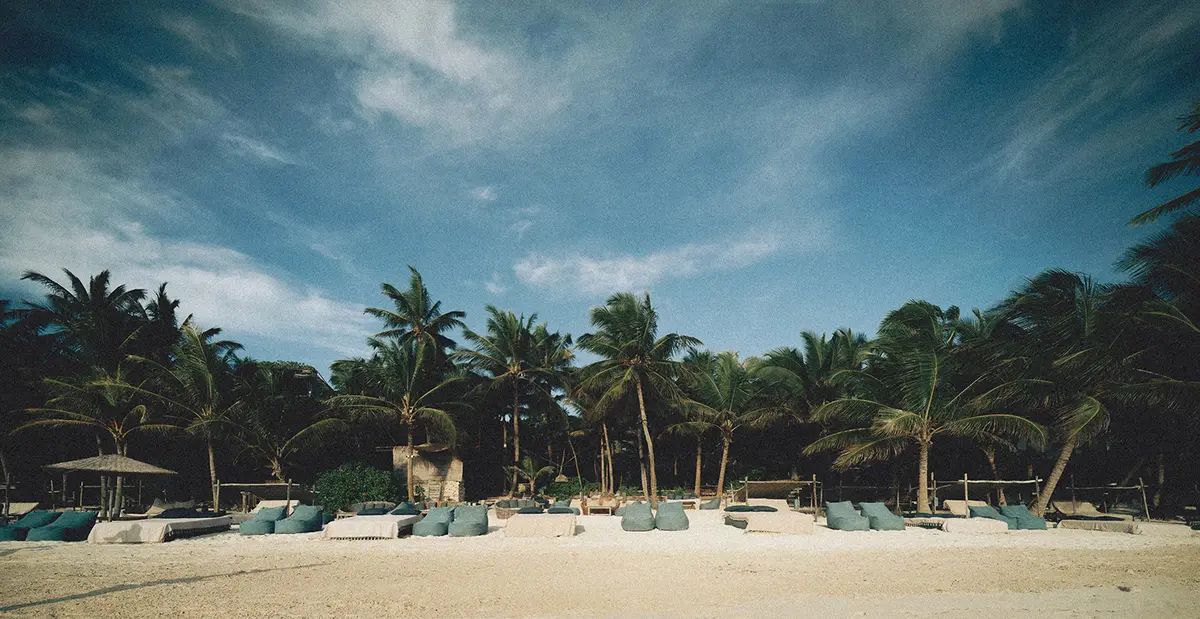 Beach club with unique and comfortable loungers. Jungle ambiance with large palms and sand at Be Tulum.