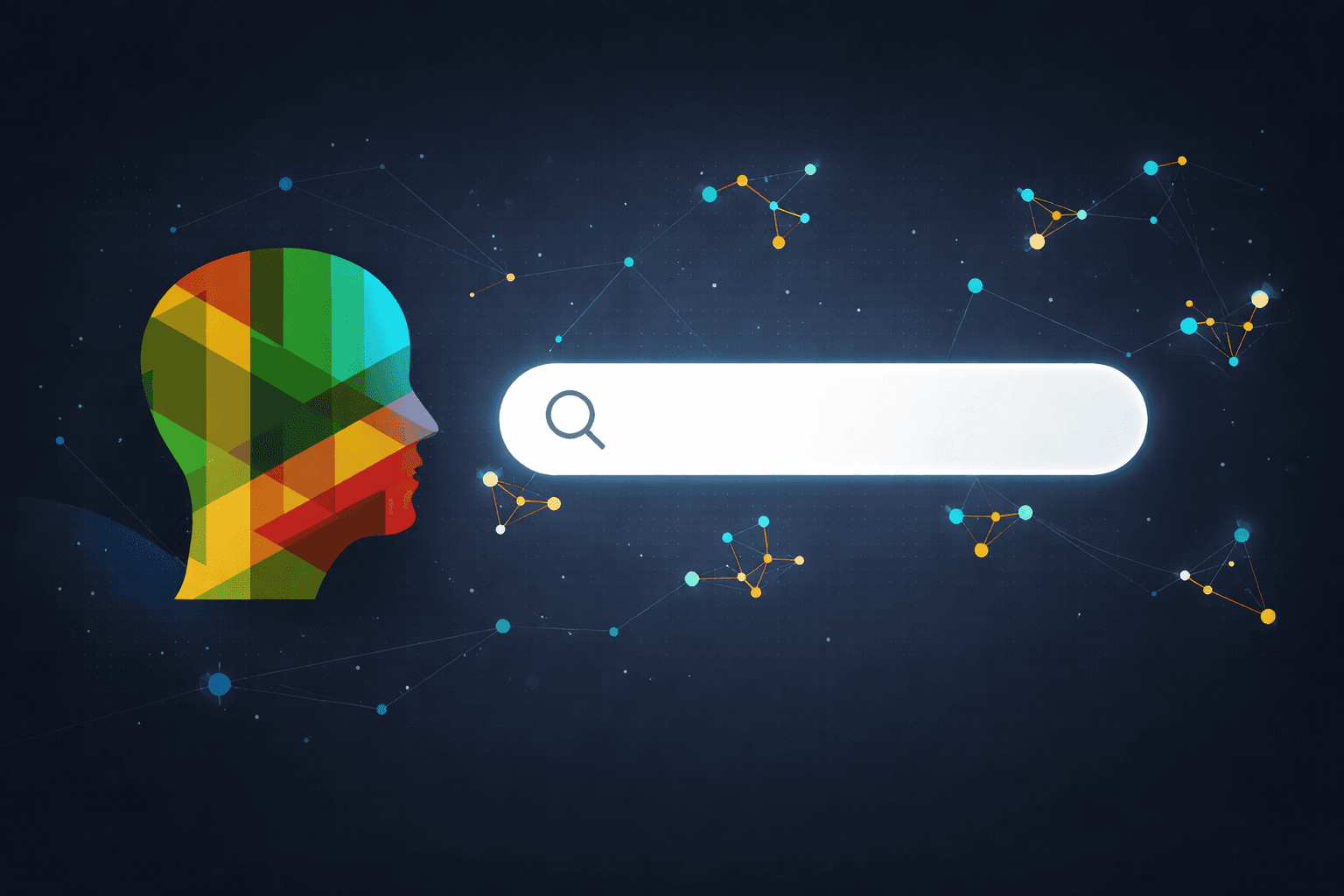 NLQ, Natural language Query, Abstract illustration of natural language analytics showing a human head silhouette, a search query bar, and connected data nodes on a dark background.