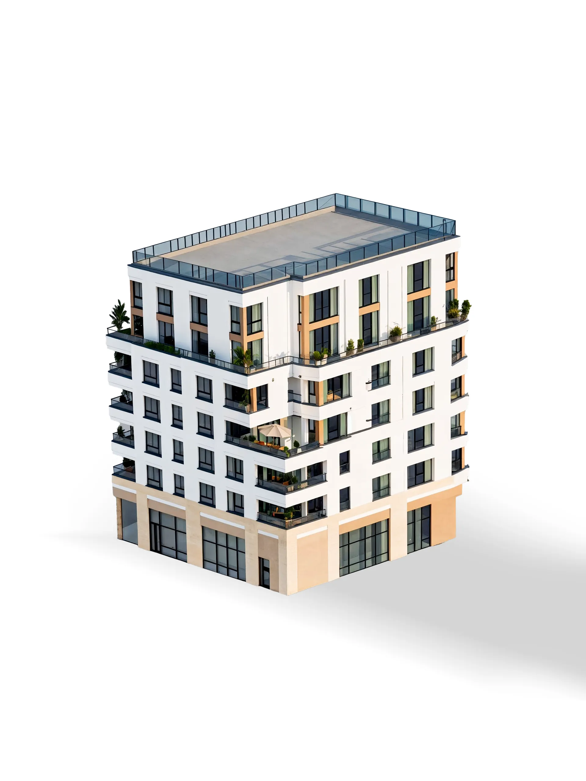 AI-generated 3D render of a mid-rise residential apartment building with balconies and modern facade design.