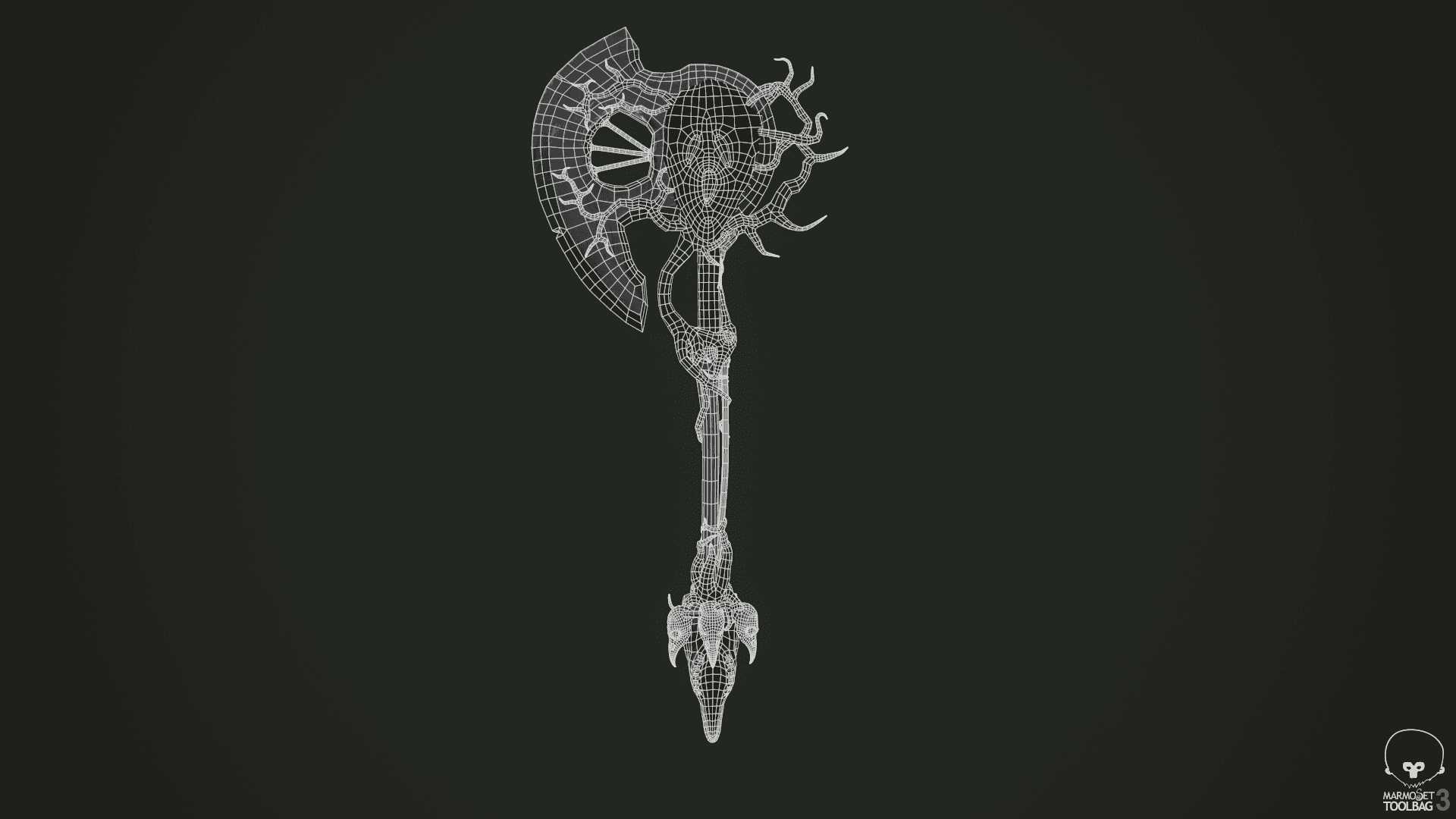 Wireframe Render of a Stylised Fantasy Axe Weapon