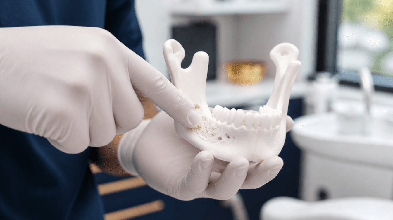 A dentist examining a 3D printed jawbone model showing where a bone graft will be placed before implant surgery
