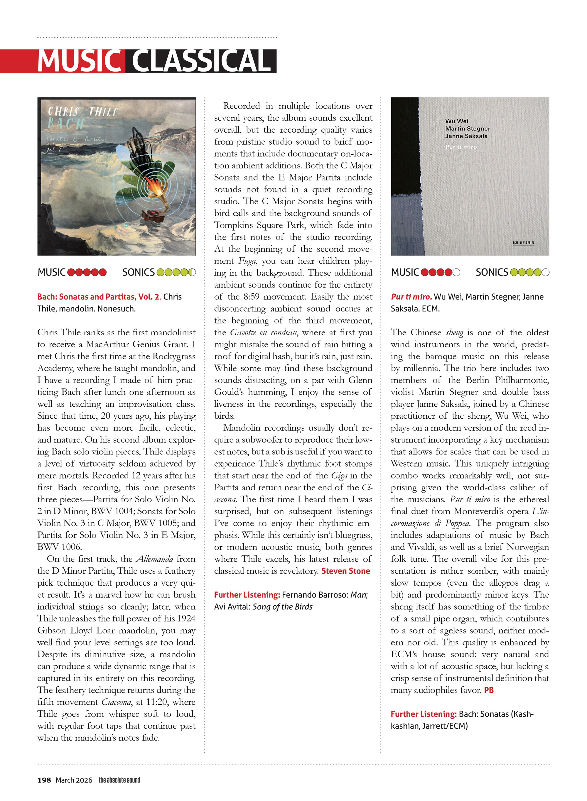 Page layout for The Absolute Sound magazine's music review pages, by October Custom Publishing