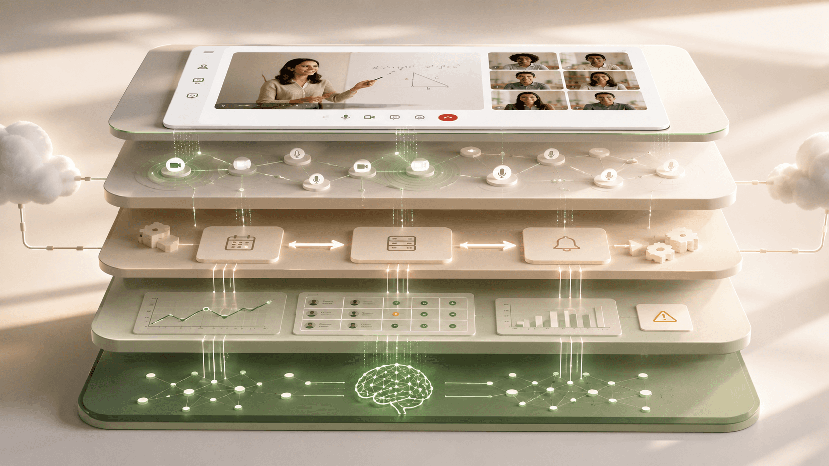 Online education infrastructure stack with virtual classroom, workflow automation, analytics, and AI operational intelligence