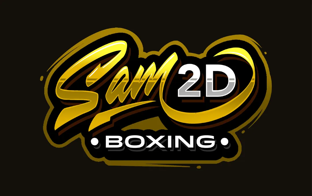 Sam 2D Boxing logo design with yellow script and gloves icon