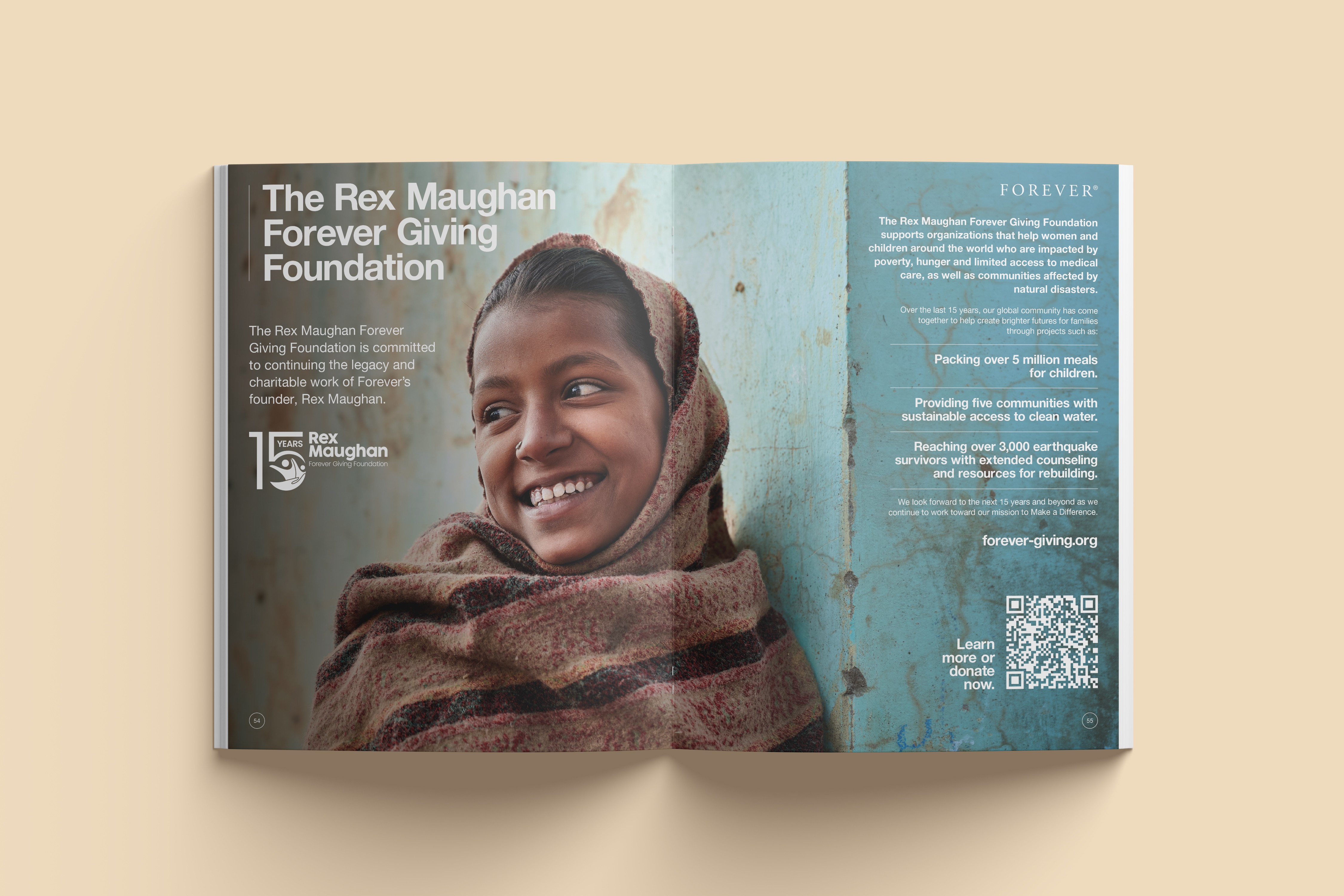Double page spread showcasing the Rex Maugan Forever Giving Foundation brand, content and contact information.