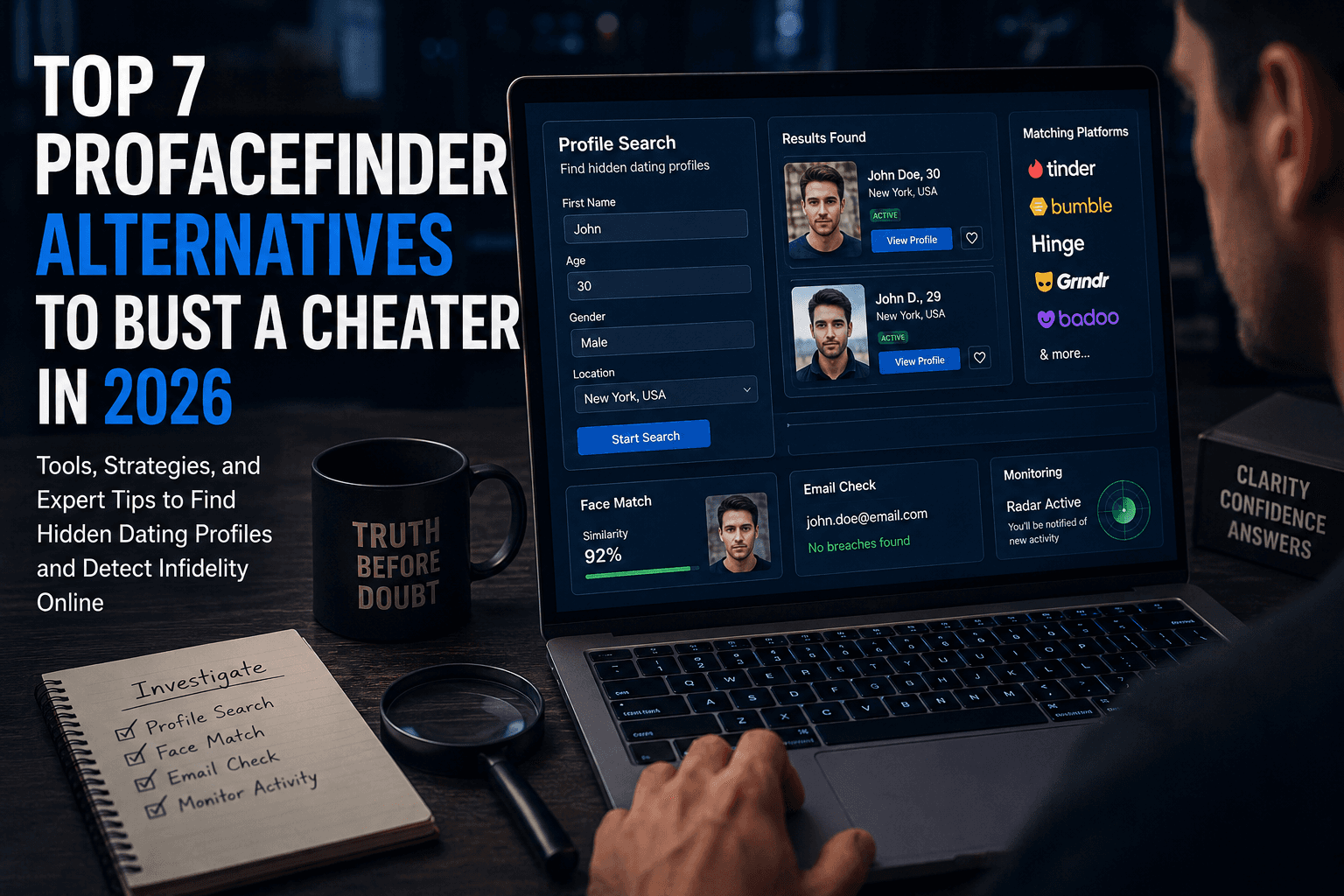 Top 7 profacefinder alternatives to bust a cheater in 2026 with a men on a laptop