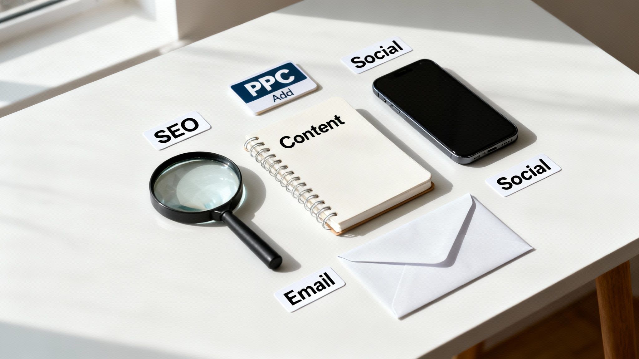 Marketing agency services flatlay showing SEO, PPC, content, social media, and email strategy tools